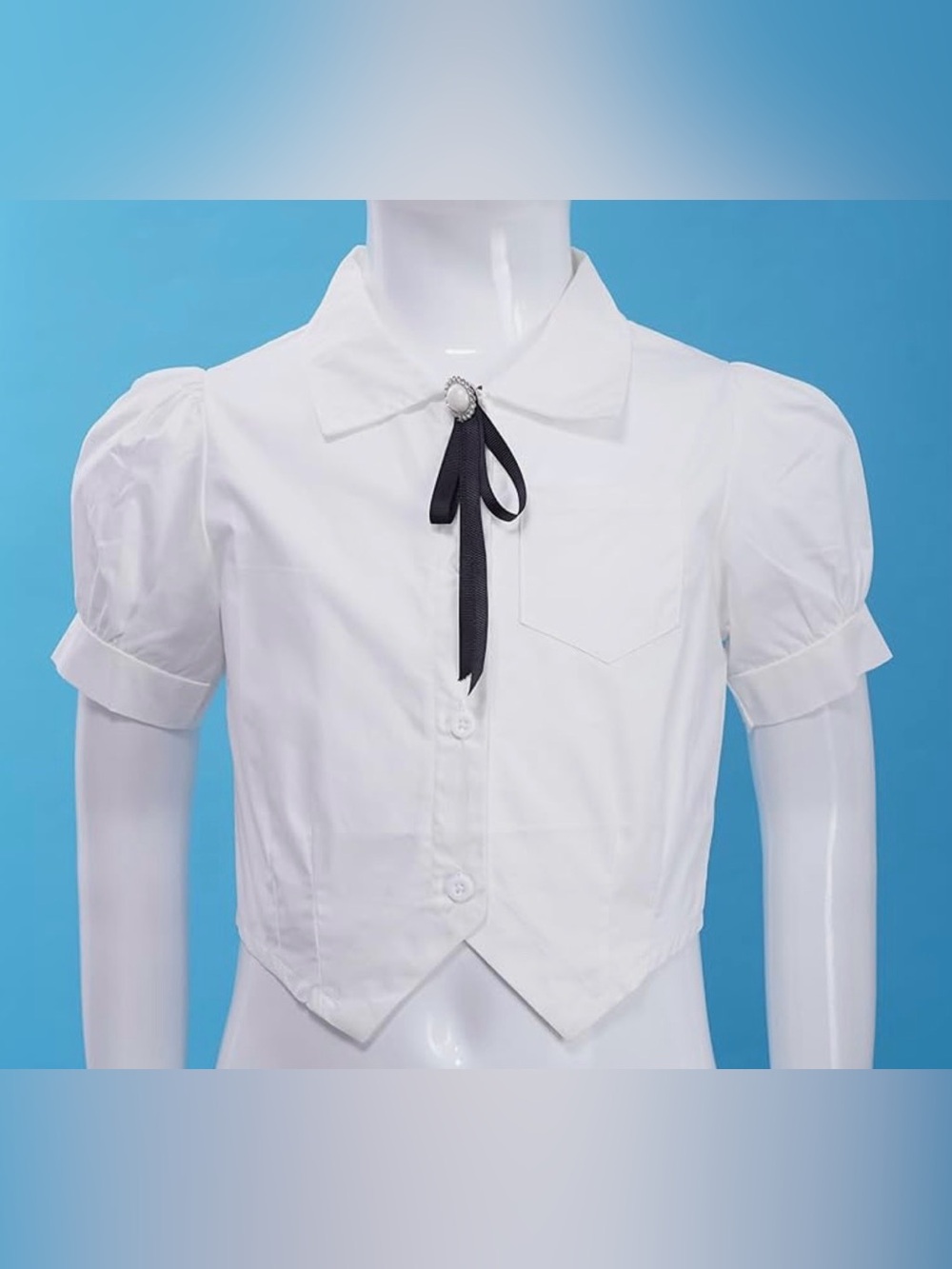 White Girls' Short-Sleeve Peter Pan Uniform Collar Shirt with Black Bow